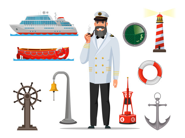 卡通船长男性角色和海洋物品集图片下载