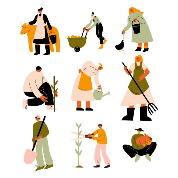 农人用动物、农产品和工具绘制矢量图图片下载