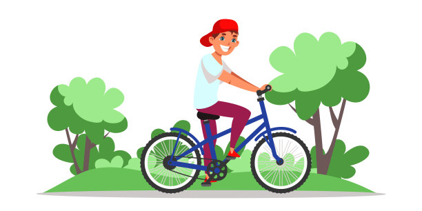 盖伊骑自行车平面矢量插图。年轻人在自行车卡通人物。环境友好、生态清洁的个人交通工具。健康生活，保护自然。图片下载