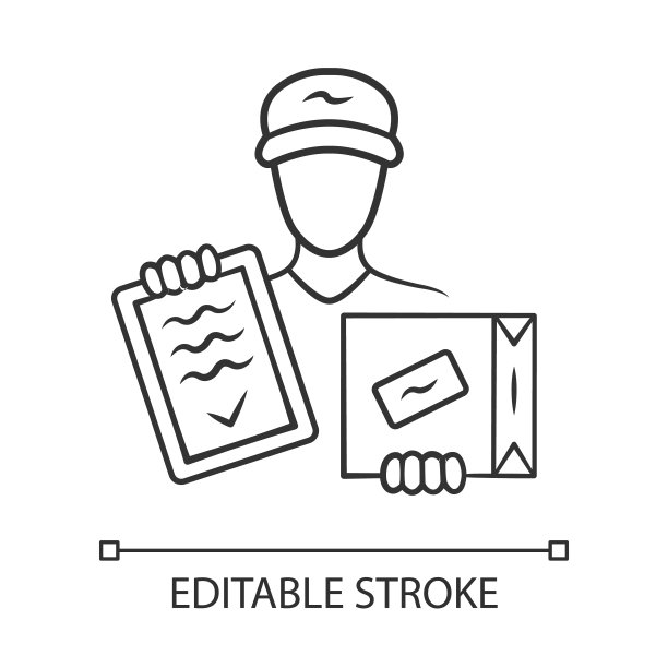 包装交付线性图标。快递服务。包裹运送。送货员与箱子和发票。邮递员拿着硬纸包。轮廓的象征。矢量孤立轮廓绘制。可编辑的中风图片下载