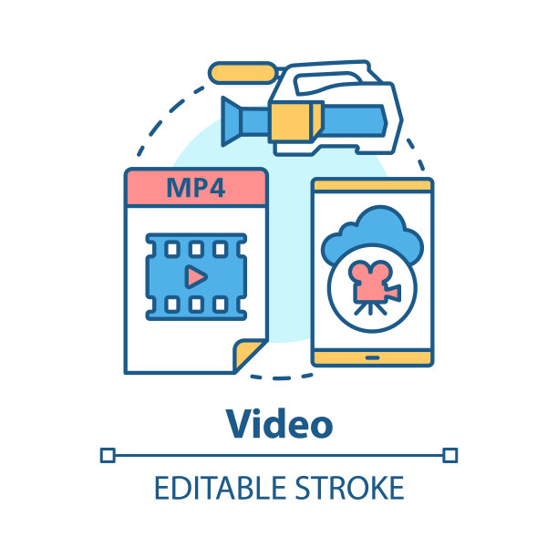 视频图标的概念。拍摄电影创意细线插画。视频剪辑、电影、媒体文件。录像、拍摄、录像制作、电影制作。矢量孤立轮廓绘制。可编辑的中风图片下载