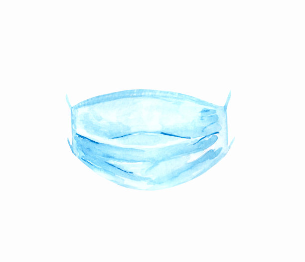 白色背景上的蓝色医用口罩水彩插画素材图片