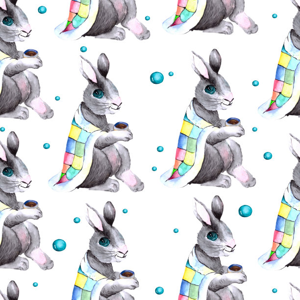 无缝图案与灰色兔子在多色拼接在白色的背景。水彩背景纺织品，壁纸和包装上的主题动物和儿童服装。图片下载