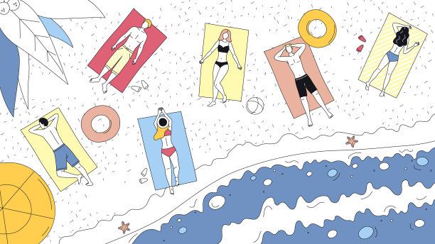 暑假的概念。人们躺在阳光下在海洋海岸顶视图。人物在沙滩浴巾上晒太阳。《海边的人》卡通线性轮廓扁平风格。矢量图图片下载