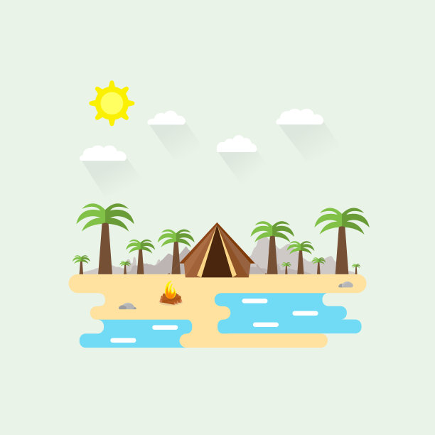 美丽的海滩景色插图。扁平风格的夏季景观。阳光明媚的一天。背景。帐篷，棕榈树，石头，篝火，山，沙子和水。野营、夏令营、徒步旅行、旅游、出海图片下载