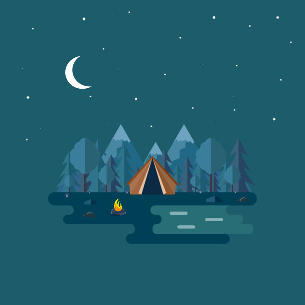描绘美丽的森林景色。平面风格的夜间景观。背景。帐篷，蘑菇，树木，石头，篝火，山，森林和水。露营，夏令营，徒步旅行，自然旅游。图片下载