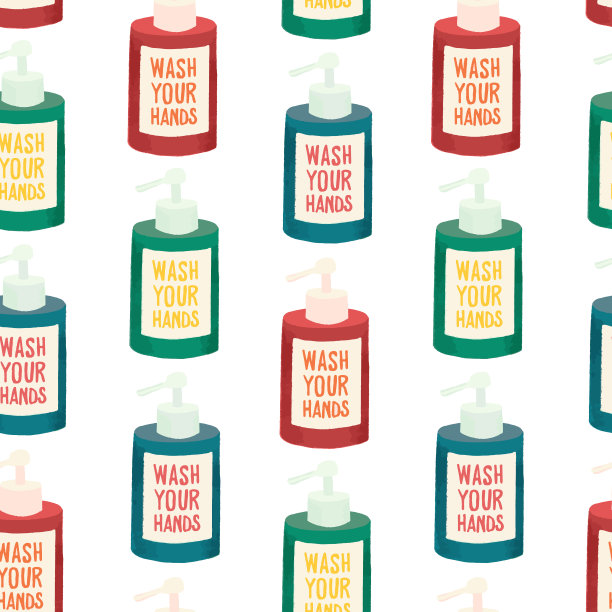 手皂瓶无缝矢量图案。重复背景与肥皂容器与洗手标签。洗手液泵洗手液。冠状病毒防护医疗保健图片下载