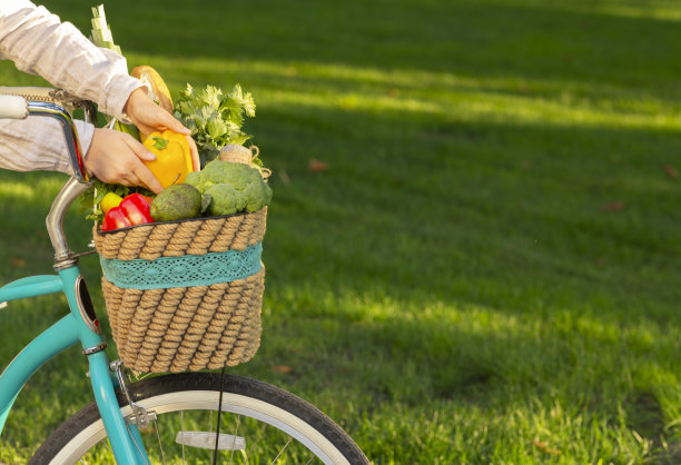 在绿草成荫的草地上，一名妇女正在把新鲜的健康产品装进篮子里图片下载