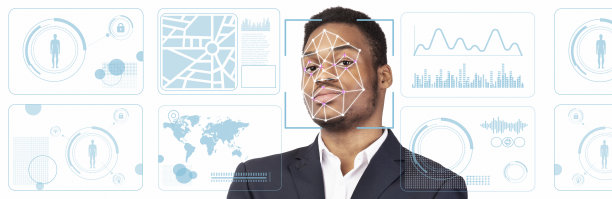 个人监测。面部扫描非洲裔美国商人的白色背景与虚拟数据，全景图图片下载