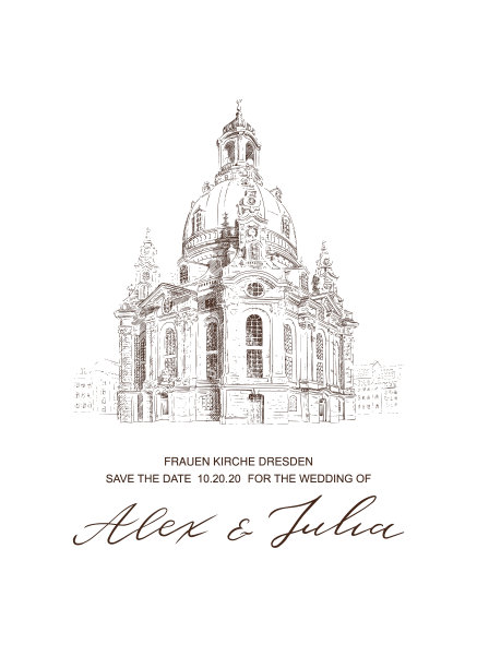 婚礼卡片与圣母教堂在德累斯顿素描。邀请模板。矢量结构背景。手绘插图和印刷字体海报，完美的牛皮纸印刷。图片下载