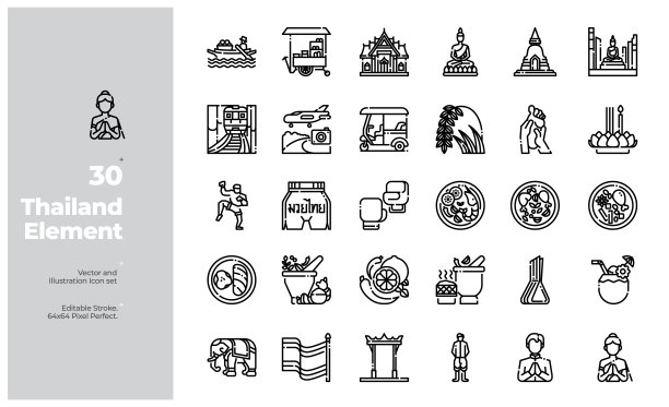 泰国元素的矢量线图标集。可编辑的中风。图片下载