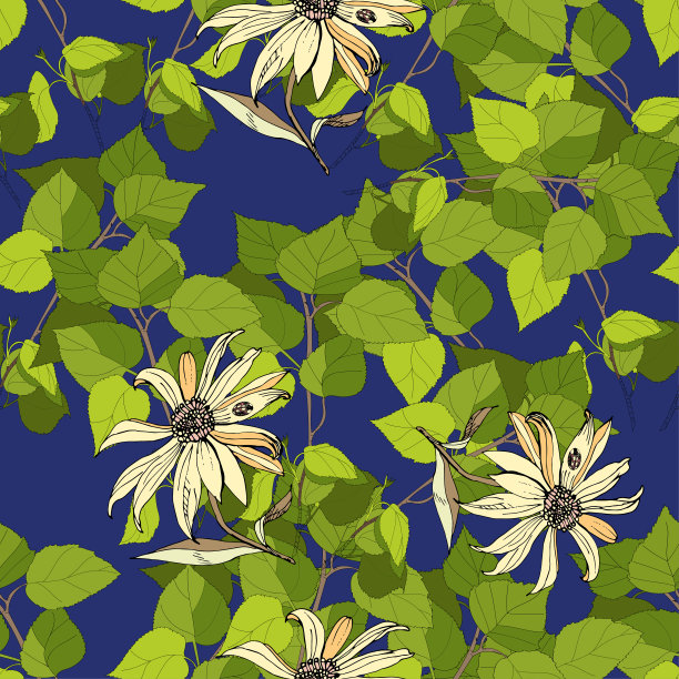 矢量无缝花图案设计的织物，墙纸。绿枝的桦树带着嫩叶，轮廓卡通地画着一幅逃离春天的黄花，夏日的背景是蓝色的，对比鲜明图片下载