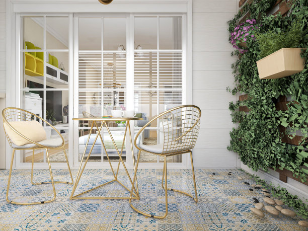 3D效果图，宽敞明亮的城市住宅封闭式阳台设计，绿色植物和家用电器看起来休闲舒适图片下载