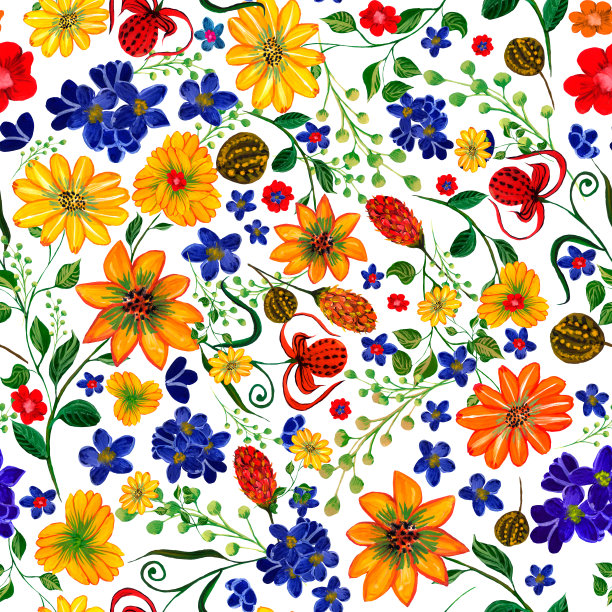 鲜艳的花朵，水粉画的叶子。无缝模式。设计织物，纺织品，床上用品，窗帘，墙纸，背景，包装，封面，包装纸。图片下载