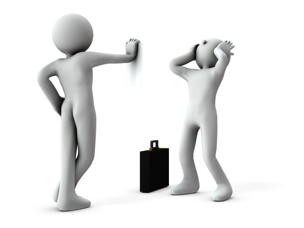 出示取消通知的人。画面中的人是绝望的。白色背景。3 d演示。图片下载