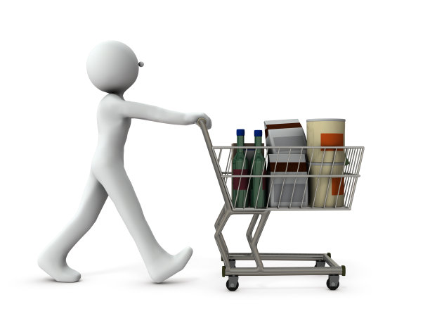 推着购物车的人。他买了许多腌食品。白色背景。3 d演示。图片下载