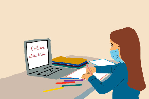 冠状病毒检疫的概念。可爱的学生在家里的笔记本电脑上工作，在线学习的孩子用电脑学习，防止感染传播隔离的白色背景插图图片下载