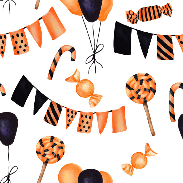 无缝万圣节手绘水彩图案。图片下载