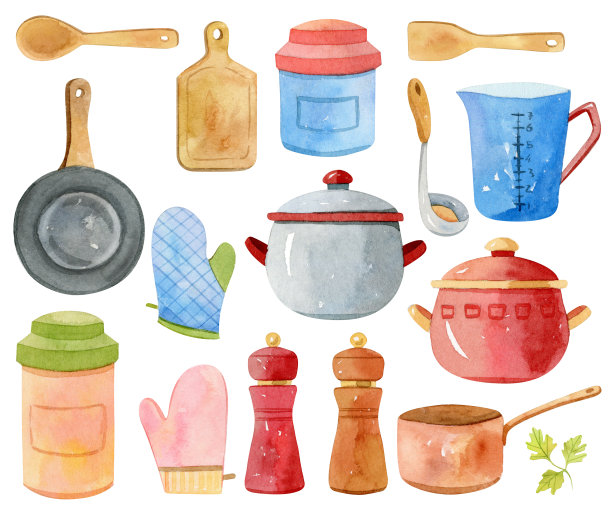 水彩厨具、配件、厨具——平底锅、煎锅图片下载