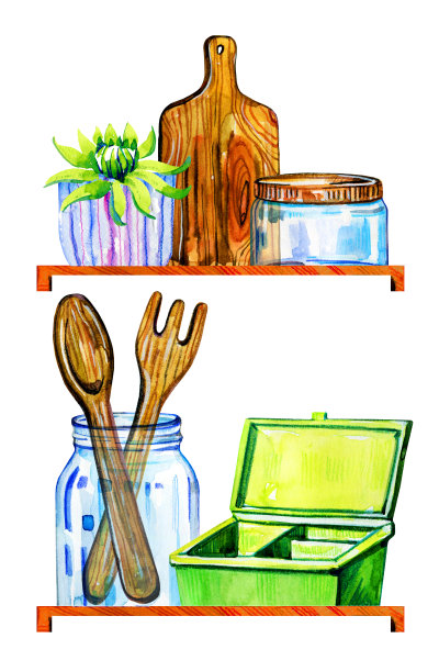 厨房的架子上没有任何废弃的器皿和容器图片下载