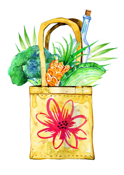 环保袋蔬菜和水果。手绘水彩插图图片下载