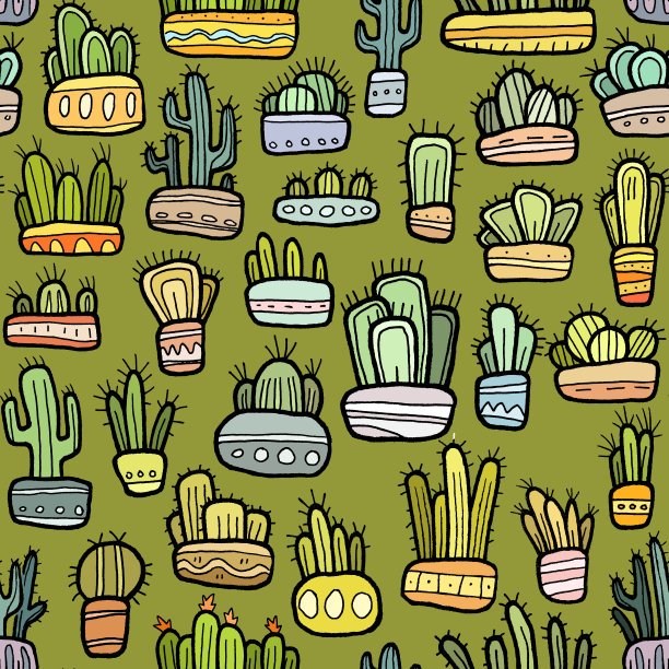 仙人掌套无缝图案，彩色平面涂鸦插画。图片下载