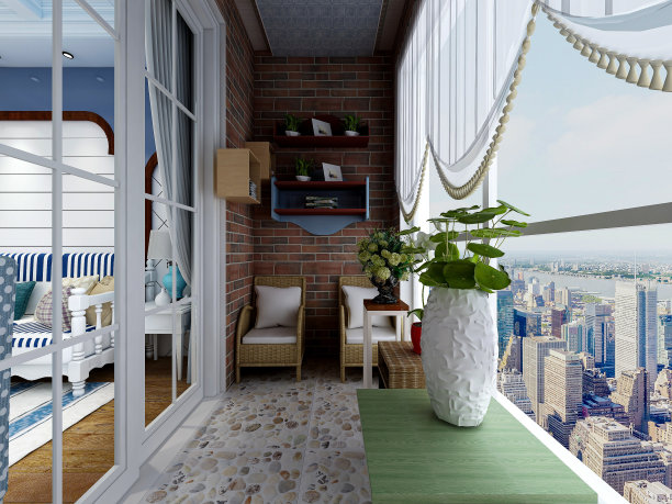 3D渲染，宽敞明亮的城市住宅封闭式阳台设计，绿色植物配木制桌椅休闲舒适。图片下载