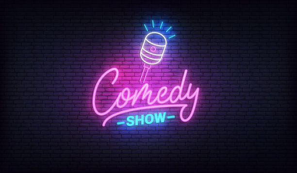 喜剧秀霓虹模板。喜剧字体和发光的霓虹灯麦克风图片下载