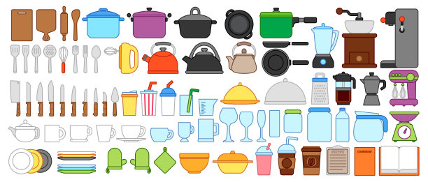 套装勾勒出简单多彩的可爱的卡通厨房用具素材图片