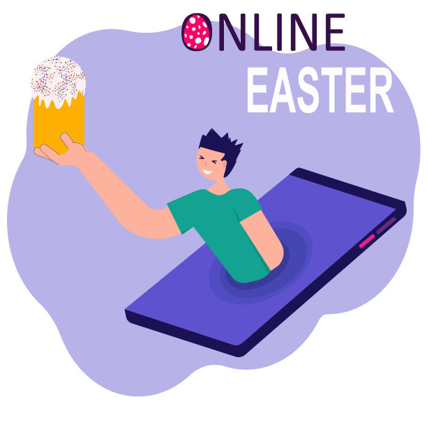 隔离。在线复活节。快乐的人在他的手机组织的网上庆祝复活节蛋糕。自我隔离中的通信概念。可以用于网络横幅，海报，社交媒体吗图片下载