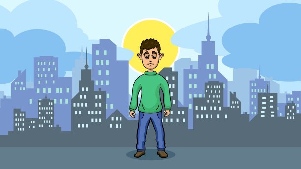 boy1_day covid19悲伤的男子沮丧地走在街上。天城背景与太阳和云彩。矢量插图。图片下载