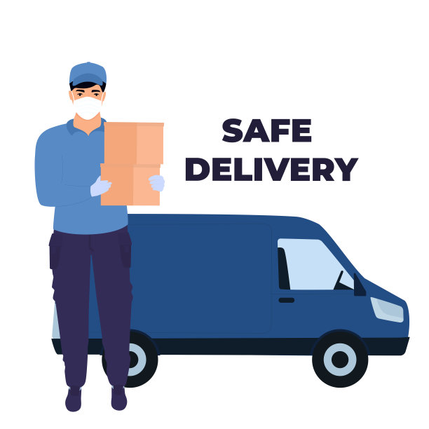 新冠肺炎疫情期间的安全分娩。快递员带着防护口罩带来包裹。图片下载