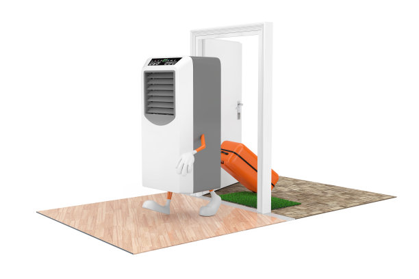 购买家用电器的概念。便携式移动房间空调作为人物与手提箱通过门到房子。3d渲染图片下载