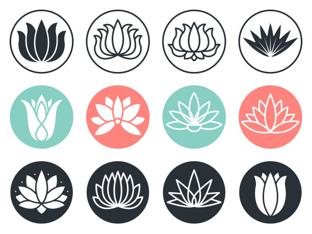 荷花图标。程式化抽象美和谐植物向量集合符号图片下载