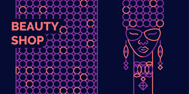 一个非洲模样的女孩在为一家时装沙龙做广告。时尚的矢量图形。美容院的横幅。图片下载