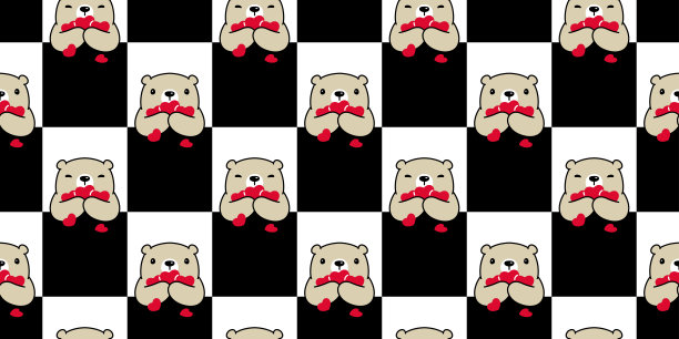 小熊无缝图案心形情人矢量北极熊泰迪卡通格子围巾孤立重复墙纸瓷砖背景插图涂鸦棕色设计图片下载