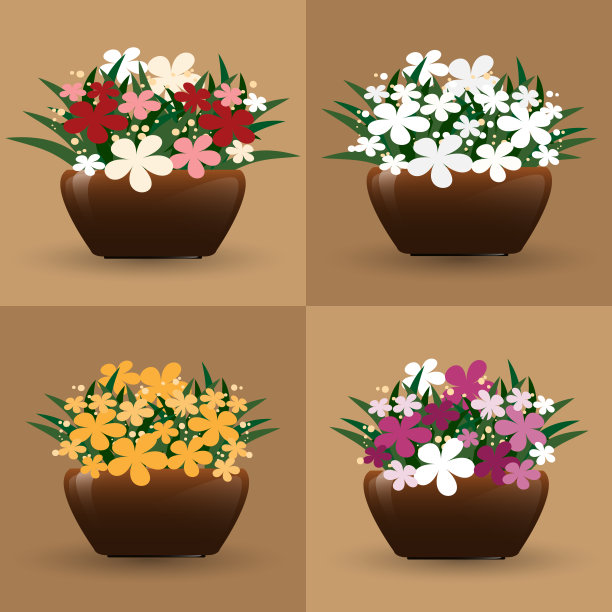 一套花盆孤立在浅棕色的背景，四色调的花在盆收集为园丁和花商小型企业。矢量插图。图片下载