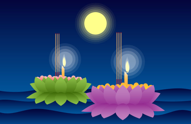 满月之夜的泰国水灯节。矢量插图。图片下载