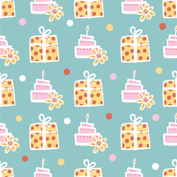 生日蛋糕和礼品无缝矢量图案在柔和的颜色图片下载