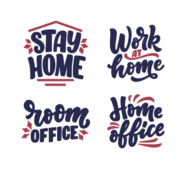 设置与字母的口号关于呆在家里，印刷海报与文字为自我检疫时间。手绘动力卡设计。复古风格。向量图片下载