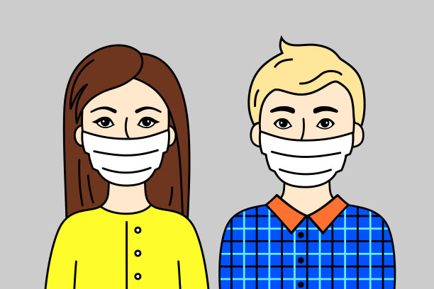 戴口罩的人。两个年轻人，欧洲家庭，金发男人和女人。预防疾病、流感、空气污染的防护口罩。Sars-Covid-19大流行。图片下载