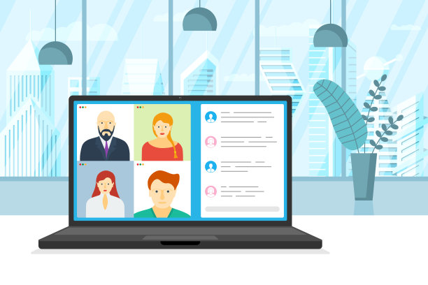 人们聚集在笔记本电脑屏幕上参加在线会议。虚拟工作会议和远程教育网络研讨会或视频会议。视频会议和网络通信插图素材图片