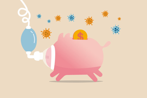 冠状病毒新冠病毒崩溃导致经济衰退，全球经济受到冠状病毒疫情概念的严重影响，生病的小猪储存罐在危急中换上呼吸机与COVID-19病毒病原体。素材图片