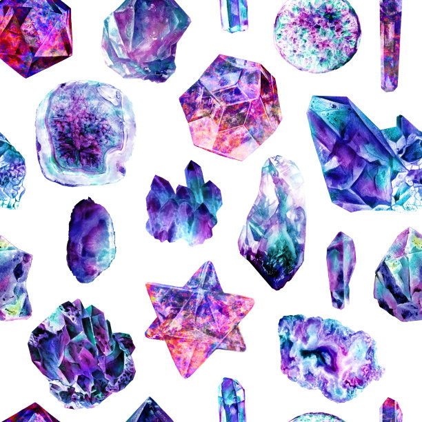 水彩图案与矿物，晶体，宝石，海石在蓝色，紫色，紫色的颜色。无缝大理石重复背景。鲜艳时尚，时尚生动的多色质感图片下载