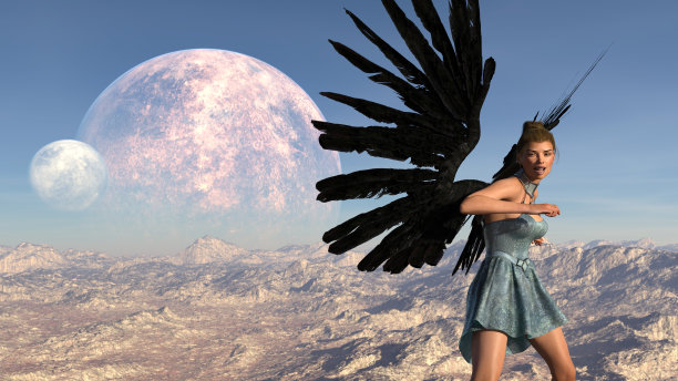 一个女人的插图与展开的翅膀持有一个肘在空中。图片下载