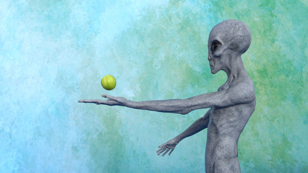 灰色皮肤的外星人漂浮着一个绿苹果的插图图片下载