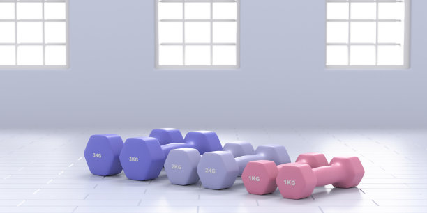 各种重量和颜色的哑铃放在瓷砖地板上。三维演示图片下载