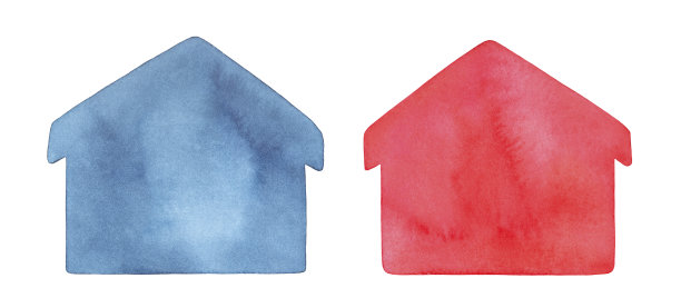 水彩插图一套房子形状在蓝色和红色的颜色。很好的背景写任何文本，引用或信息。手绘水彩图形上的白色，剪纸艺术元素的设计。图片下载