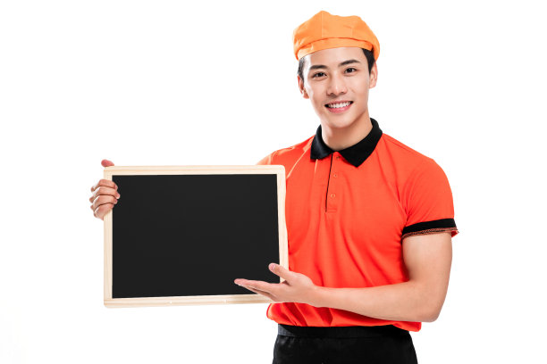 年轻的餐厅服务员展示公告信息图片下载