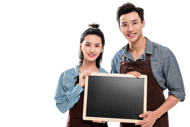 年轻的餐厅服务员展示公告信息图片下载